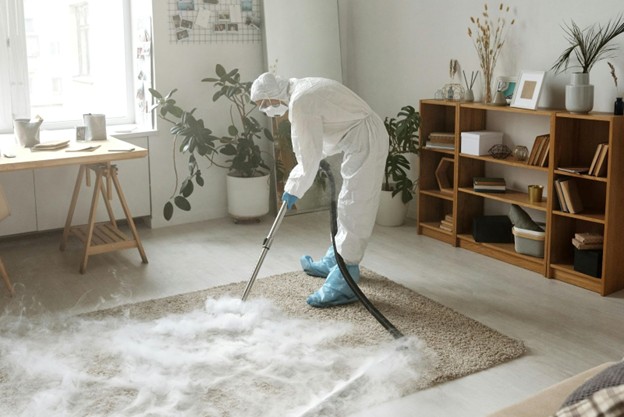 Worker in protective suit steam-cleaning a carpet in a living room.