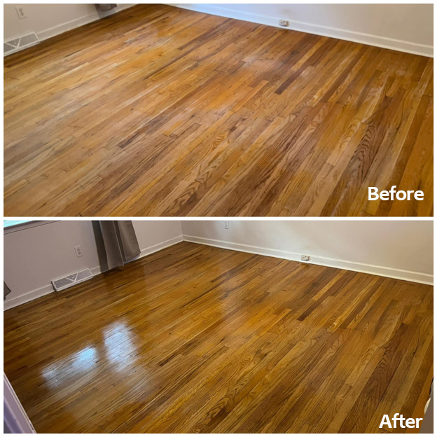Before and after hardwood floor refinishing showing restored shine and smooth finish